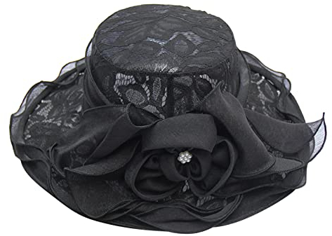 Organzahut Damen Sonnenhut Blumen Hochzeit Sonnenhüte Mesh Hut Elegante Netz Organzahut Kopfschmuck Frauenorganza Hut Braut Hochzeit Sonnenhüte Breite Krempe Sonnenhüte Hochzeit (Black, One Size)
