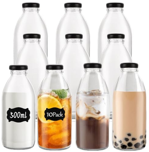 LDXDRU 10 Pack Glass Milk Bottles with Lids, 500ml / 17oz Empty Juice Bottles, Clear Drinking Bottles Water Bottles for Smoothie Dressings Sauces Jam Beverages