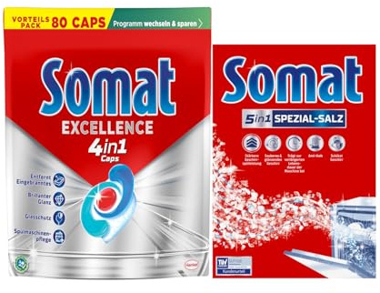 SOMAT 4in1 Caps 77 AW Excellence, schnellauflösende Spülmaschinentabs, Somat Caps für exzellente Reinigung & Glanz sogar im Eco-Programm + Somat Duo Power Experten Spezial-Salz 1,2kg