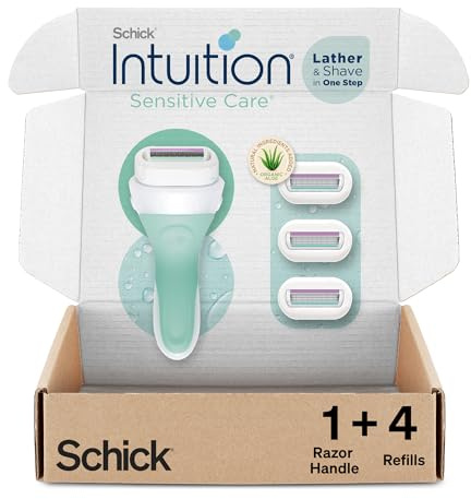 Schick Intuition Razors for Women with Sensitive Skin | 1 Razor & 4 Intuition Razor Blades Refill with Organic Aloe