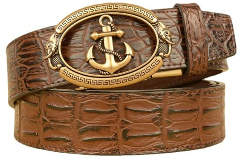 xichuangyuXCY Men's Leather Ratchet Belt Retro Crocodile Buckle Casual Business Belt 49 (Crocodile patterned anchor brown)