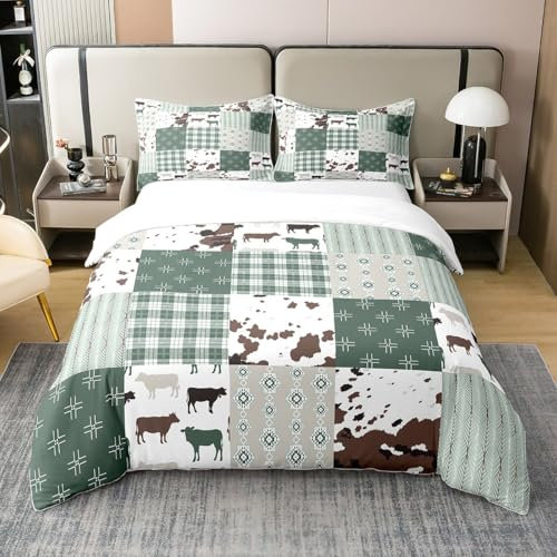 Homemissing Juego de ropa de cama de vaca para niños, diseño de vaca lechera, 100 % algodón, decoración de dormitorio, color verde y blanco, colección de ropa de cama de animales, 2 piezas, tamaño