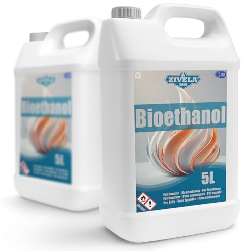 Bioéthanol 96,6 % 10 l | Alcool bio inodore 96,6 % 2 x 5 l | Bioéthanol pour cheminée, cheminée de table, cheminée au bioéthanol | Sans odeur | Combustion propre, sans fumée, flamme vive et stable