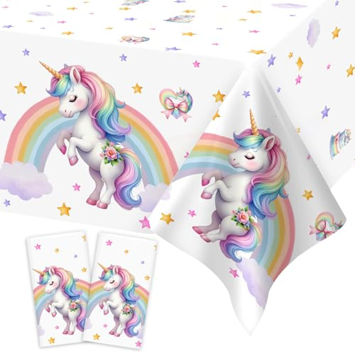 Heboland 2 Stück Einhorn Tischdecke Kindergeburtstag, 137 x 274cm Tischdecken Einhorn Deko Geburtstag Mädchen für Unicorn Birthday Decoration | Große, rechteckige Einhorn-Tischdecke in Regenbogenfarben, große rechteckige Kunststoff-Tischdecke, Geburtstagsdekorationen