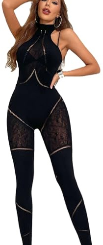 Aucute Jumpsuits für Damen Sexy Elegant Rave Outfit Clubwear Party Bodycon Stehkragen Ärmellos Mesh Bodysuit Ausschnitt Bodystocking