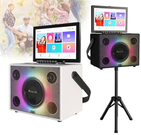 IYUESQ Máquina de Karaoke portátil con Bluetooth, minimáquina KTV Profesional con Tableta táctil de 14, 2 micrófonos inalámbricos, Altavoz LED de Color Plegable (Blanco)