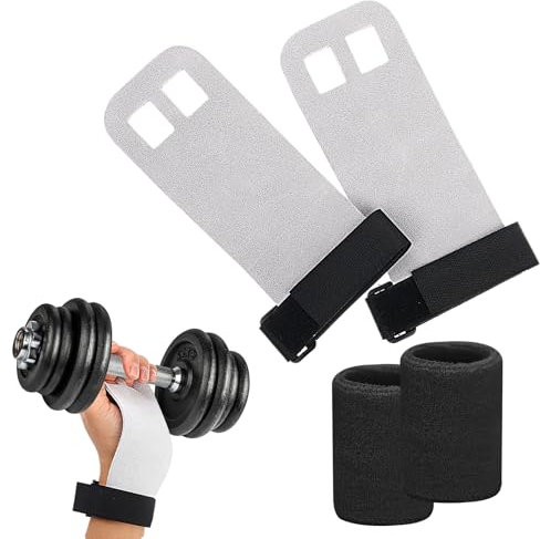 2 Paar Turnen Griffpads Kinder mit 2 Paar Armbändern, Cross Training, Gymnastik, Pull Up Grips für Kinder, Hand Grips Leder Trainingshandschuhe und Handgelenk Bandagen Fitness Set für Mädchen Junge, M