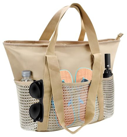 HWSWSH sac de Plage avec Fermeture à Glissière, Sac en Filet Imperméable Jouets de Sable avec 6 Poches séparées, sa en Filet Pliable, sac de Piscine, sacs à Main pour Plage/Pique-nique/Piscine