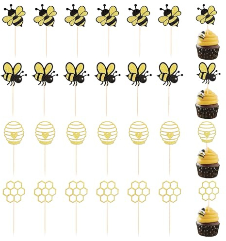 Zernblend 24 st kreativa tårtinsatser med glittrande bikupor, bin, cupcake-dekoration, bi-dekoration