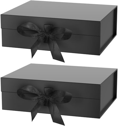 KAHEIGN 2 Piezas Cajas de Regalo Magnéticas con Tapas, 31CM x 22CM x 10CM Negro Caja de Regalo de Papel Caja para Propuesta con Lazo para Bodas Cumpleaños Navidad San Valentín Fiesta Embalaje Regalo