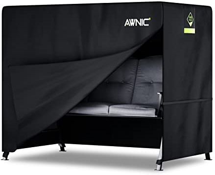 AWNIC 2 Seater Garden Swing Seat Cover Waterproof, 420D Swing Chair Covers Windproof Anti-UV Heavy Duty Fabric Large Outdoor Garden Hammock Cover with Zips 175x125x160cm Black | Waterproof, zip, UV resistant, air vents, hook-loop mid/bottom, no disassembly needed, 420D, black,