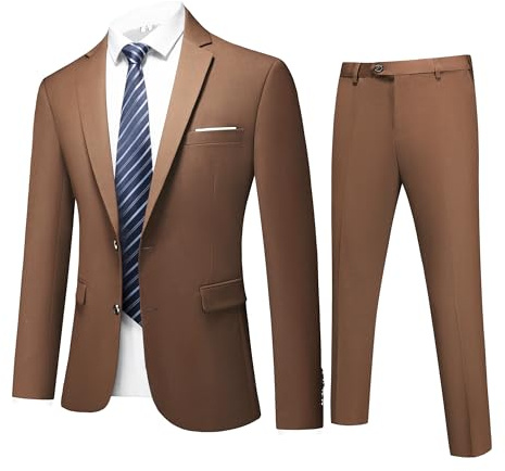 MOGU Mens Suits 2 Piece Slim Fit Prom Tuxedo Set Wedding Formal Brown XL | Regular Fit Suits with Tie, Elastic Waistband, Double Splits, 2-Button Notched Lapel Solid Suits for Men Party Business