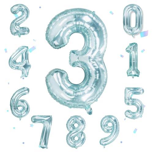 Ovanda Geburtstagsdeko 3 Jahre Junge, Kristallblau 3 Stehende XXL Riesen Folienballon Geburtstagsdeko, Deko 3. Geburtstag Junge, Geburtstag 3 Jahre Junges, Luftballon 3 Jahres
