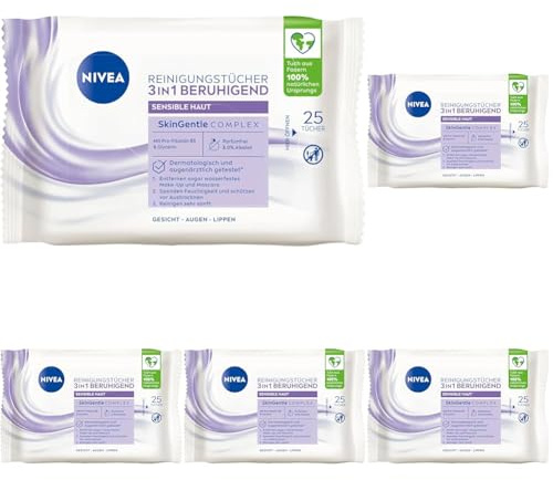 NIVEA Reinigungstücher 3in1 Beruhigend, parfüm- und alkoholfreie Abschminktücher für wasserfestes Make-Up, sanfte Gesichtsreinigung mit Glycerin für besonders sensible Haut (25 Stück) (Packung mit 5)