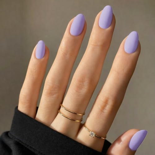Matte Lilac False Nails Short Oval, SXVME Soft Gel Press on Nails Short, Light Purple Fake Nails Short Almond, Natural Solid Gel Full Cover Stick On Nails For Women Fall Winter