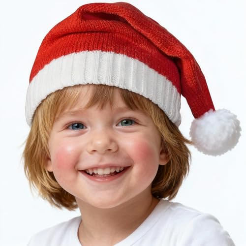 Vruxuri Santa Hat for Kids Boys Girls, Soft Knit Christmas Hat with Fluffy Pom Pom, Classic Red Xmas Hat for Christmas Party Holiday New Year