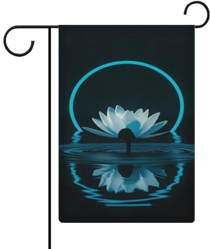 Bandera de jardín con círculo azul brillante y lirio blanco, de arpillera de doble cara para casa, patio, exterior, 12 x 18 pulgadas