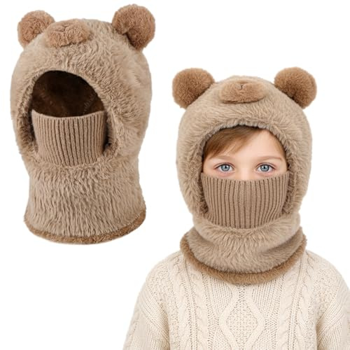 AYPOW Cagoule d'hiver Thermique pour Enfants 4-12 Ans, Multifonction Bonnet Doublé en Polaire Chaude Coupe-Vent Masque de Ski, Capuche Cache-Cou Tour de Cou écharpe pour Childs Garçons Filles