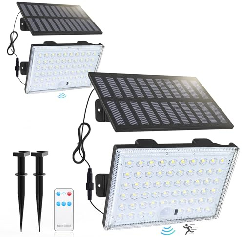 ZCXLIGHT Solar Lights Outdoor Garden, 3 Modes Solar Security Lights Motion Sensor with Remote, IP65 Waterproof Outdoor Solar Lights with 16.4ft Cable, Split PIR Lamp with Ground Plug for Yard-4 Pack