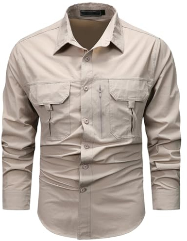 Camisas Hombre Manga Larga Ropa Militar con Botones Sobrecamisa al Aire Libre Cargo Shirts Secado Rápido Ligero y Agradable Protección UV para Pesca, Tala, Montañismo, Caza，BeigeBlanco，L
