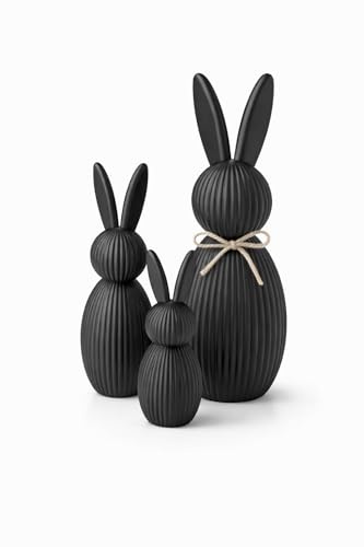 CABU Osterhasen Deko Schwarz 3er Set – Minimalistischer Osterhase | Skandinavischer Scandi-Stil | Gerippte Struktur | 11/15/20 cm | Tisch Deko Wohnzimmer Sideboard | Moderne Osterdeko Geschenkidee
