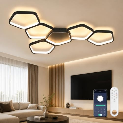 OTREN Lámpara Techo Regulable 88 cm 58W con Mando a Distancia y APP | Plafón LED Negro Moderno 3000K‑6500K con Función Memoria y Luz Nocturna para Salón, Dormitorio, Cocina y Comedor