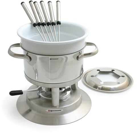 Swissmar F66417 Arosa Fondue Set 11-Piece, Multi-Purpose Fondue Set for Meat Broth, Cheese and Chocolate with Ceramic Insert,1.5L, Includes 6 Forks, Gift Boxed