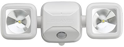 Mr. Beams MB3000 haute performance, sans fil, alimenté par piles LED, Détection de mouvement, Sécurité à faisceaux lumineux double tête, 500 lumens., Plastique, blanc, 1-Pack