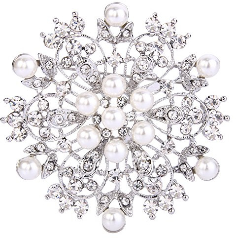 EVER FAITH Damen Kristall Cream kuenstliche Perle Winter Schneeflocke Blume Brosche Klar Silber-Ton