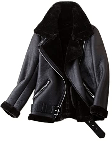 LY VAREY LIN Women's Faux Shearing Moto Jacket Thick Lined Parka Winter Shearling Coat Leather Jacket (S, Black)