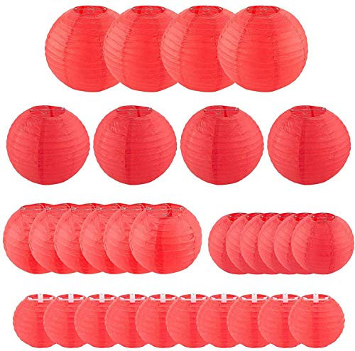 STARVAST 30 lanterne di carta - Lampione di carta rossa, assortite di dimensioni rotonde (4, 6, 8, 10, 12) per matrimoni, casa, feste e Natale