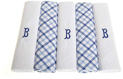 Surf the Shop 5 Stück bestickte Herren-Taschentücher mit Satin-Bordüre und blauem Karomuster, verschiedene Buchstaben, 5 Stück, B, 5 Pack