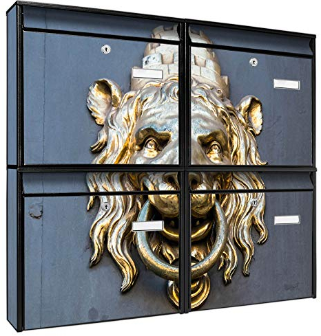 banjado Briefkastenanlage 4 Fach - Postkästen groß - verzinkter Stahl schwarz DIN A4 Motiv Löwe Tür - Briefkasten Set 4 Briefkästen Namensschild, 2 Schlüssel, Montagematerial