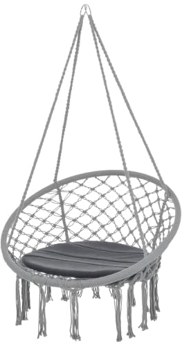 Outsunny Silla Colgante Redondo de Ø60 cm con Cojín 80x80x42 cm Gris | Silla Hamaca Columpio, Cuerda de Algodón, para Interior y Exterior, Carga 120 kg