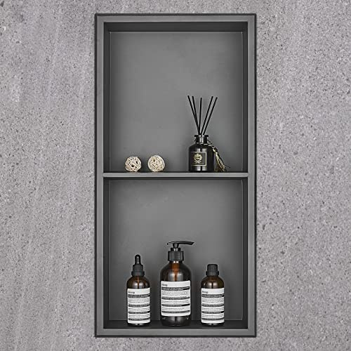 HANFU Nicho de Ducha, Estante de Ducha Empotrado de Acero Inoxidable, Estantes de Baño Nicho de Doble Capa 60x30x10cm, Nicho Almacenamiento de Baño para Gel Ducha Champú ArtíCulos Tocador, Gris