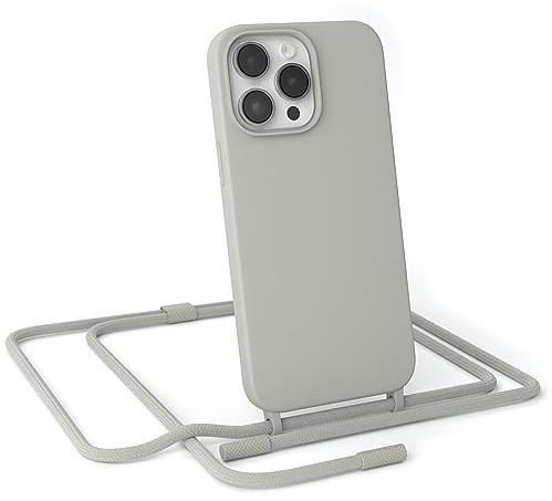 EAZY CASE - Handykette kompatibel mit iPhone 14 Pro Max - dünne Handyhülle Hülle mit Band als Fallschutz Kette zum Umhängen stoßeste Hülle Silikon mit Mikrofaser in Taupe