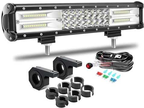 RIGIDON 15 Zoll 38cm 216W LED Arbeitsscheinwerfer Bar mit 12V Kabelbaum und 2 x Arbeitsleuchten Halterung 25mm-50mm für 4x4 Offroad Auto Traktor SUV KFZ Fahrzeuge, 6000K Weiß Led Nebelscheinwerfer