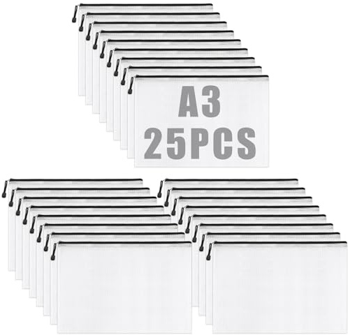 MIVIDE Dokumententasche A3, Dokumentenmappe A3 mit Reißverschluss, 25 Stück | PVC, Wasserdicht, Mesh Kunststoff, Registermappen a3 für Bürobedarf, Dokumente, Quittung, Papier, Schreibwaren (31.5 x 44cm)