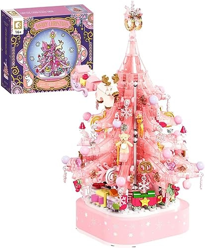Rosa Kristall Weihnachtsbaum Spieluhr Bausteine Bausatz, 675 Klemmbausteine Drehbare Weihnachtsbaum Modellbausatz, Konstruktionsspielzeug für Erwachsene und Kinder, Kompatibel mit Lego
