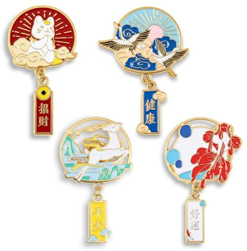 Juego de 4 insignias asiáticas con motivos tradicionales | Pin chino | 4 piezas | Pin de metal japonés