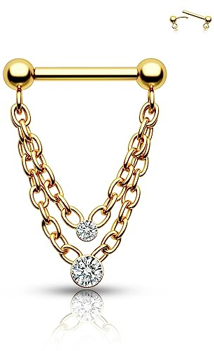 CM Crareesi Mania Doppel Kette Septum Piercing Schmuck 16G Push In Septum Ring 316L Edelstahl Gewinde Dangle CZ Septum Schmuck, Zirkonia