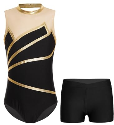 Aiihoo Mädchen Turnanzug Ärmellose Gymnastikanzug Ballettbody mit Kurz Hose Ballett Trikot Tanzkostüm Ballettkleidung Gold 146-152