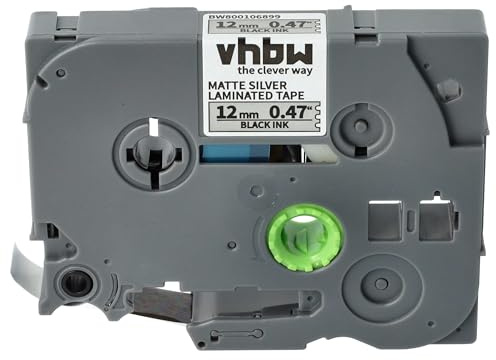 vhbw Schriftband-Kassette kompatibel mit Brother PT 900 | 580C, 7500VP, 7600VP, 7100VP, 7100 Etiketten-Drucker 8m x 12mm Schwarz auf Matt-Silber