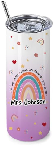 Getagift Personalised Teachers Gift, Rainbow Tumbler Gift 20 OZ Stainless Steel Skinny Tumbler, Double Walled Vacuum Insulated with Closed Lid and Metal Straw.