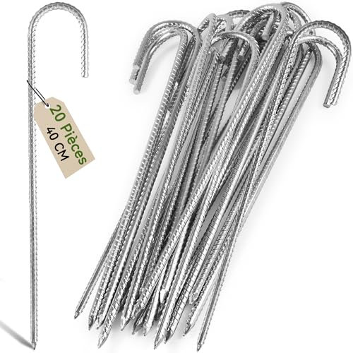 Graxury 20Packs 16inch Heavy Duty Trampoline Tents Anchor Ground Pegs - Galvanized Steel Rust-Proof J Hook Rebar Stakes Fit Trampolines Camp Garden Shed Swings with Chisel Point End