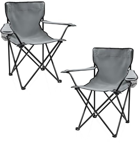 Chaise pliante de camping avec porte-gobelet - Lot de 2 pièces - Gris - Chaise de camping pliante avec sac de transport - Chaise pliante pour festival, loisirs, jardin, pêche,