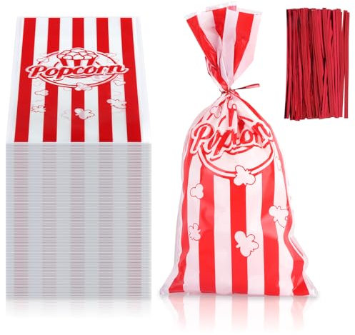 Rickwayy Popcorn Tüten, 150 Stück, Polypropylen, Rot und Weiß Gestreift, Leckagefest, Geruchsdicht, Wiederverschließbar, 27cm x 12.5cm, Rechtwinklig, Einweg, Ideal für Kino, Partys, Picknicks