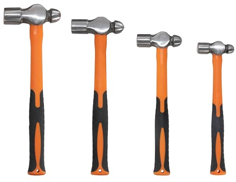 HFS(R) 4-Piece Ball Peen Hammer Set, 8 12 16 24oz, Fiberglass Handle, Blow Striking Ball Pein Hammer Handle Tool with Forged Steel Construction & Shock Reduction Grip for Metal Working