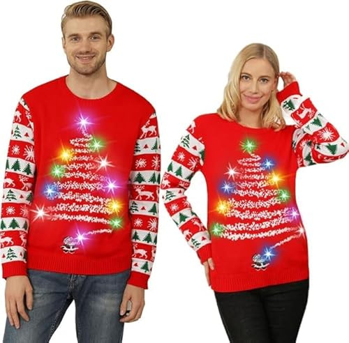 Maglione Natalizio Donna con Luci, Maglione Natale Led Divertente, Maglioni Natalizi Famiglia Coppia Luminoso Maglioncini di Natale Brutti, Ugly Christmas Sweater per Adulti/Uomo/Donna/Famiglia
