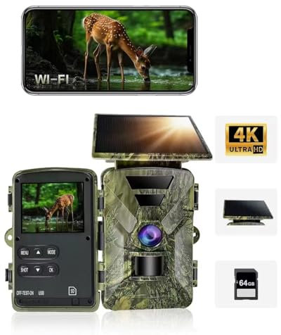 HAZA Wildkamera Solar WLAN mit Handyübertragung App,5200mAh Solarpanel Akku 4K HD Video WiFi Bluetooth wildtierkamera mit nachtsicht bewegungsmelder,64GB SD-Karte Wildcamera Outdoor IP66 Wasserdicht